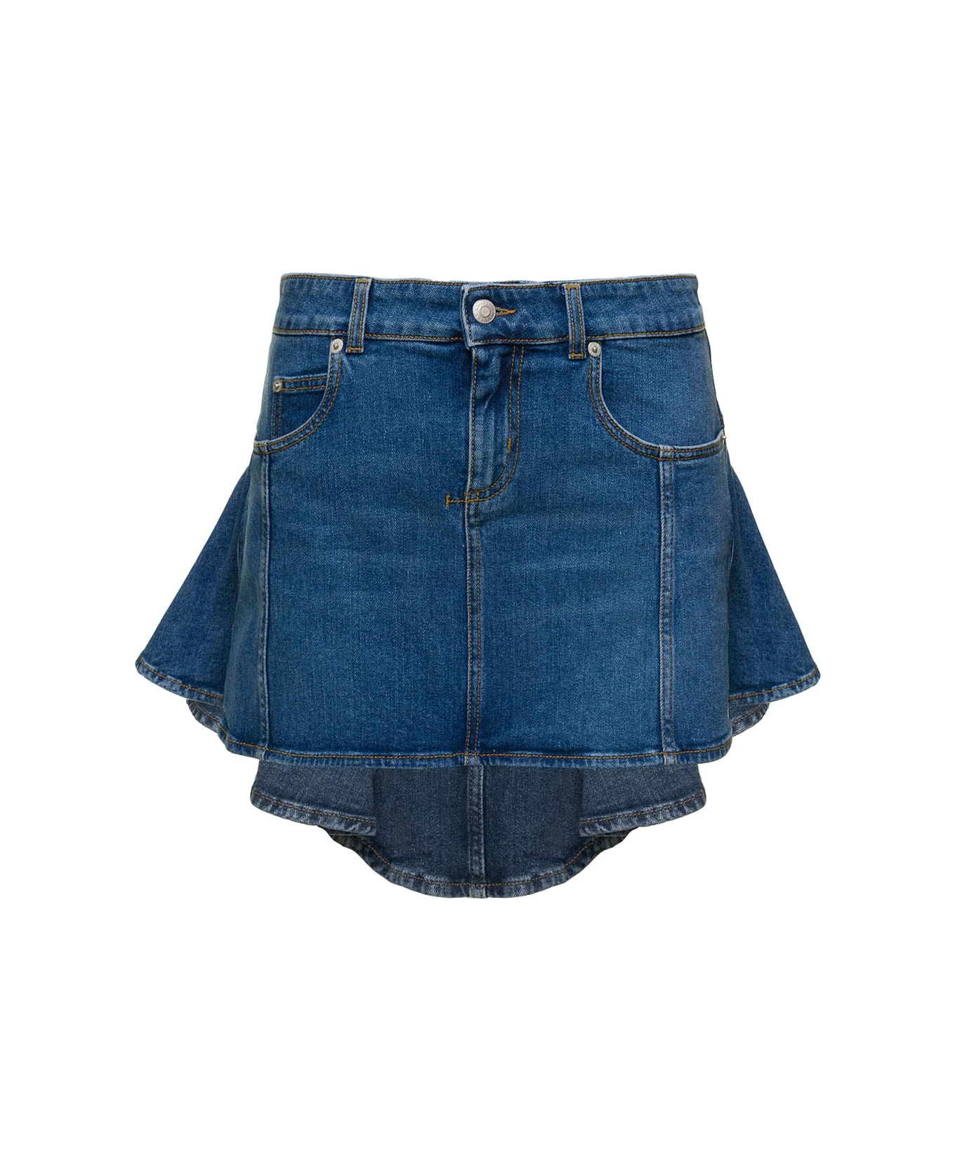 Alexander McQueen Blue Mini-skirt With Pleated Detail At The Back In Stretch Cotton Denim Woman 1 Alexander McQueen Blue Mini-skirt With Pleated Detail At The Back In Stretch Cotton Denim Woman