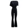'naomi' Blue Hooded Flared Jumpsuit In Crushed Velvet Woman