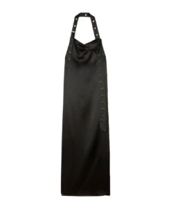 Off-White Satin Belt Long Dress Black No Color