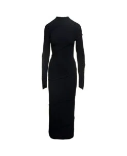 Balenciaga Maxi Black Ribbed Dress With Spiral Construction And Exposed Seams In Viscose Blend Knit Woman