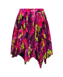 Versace Multicolor Asymmetric Pleated Mini-skirt With Logo Orchid Print In Polyester Woman