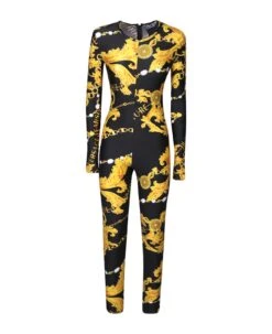 Front Page 47 Chain Print Black/gold One-piece Jumpsuit By Versace Jeans Couture