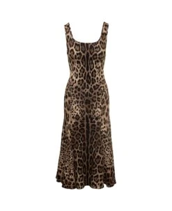 Dolce & Gabbana Mini Brown Dress With All-over Leo Print In Stretch Viscose Woman