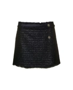 Versace Black Mini Lurex Skirt With Silver-tone Hardware In Wool Blend Woman