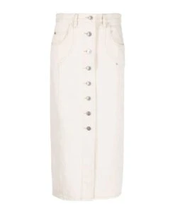 Light Beige Cotton Denim Midi Skirt