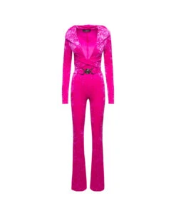 Versace Fuchsia Hooded Jumpsuit With Crisscross Medusa Biggie Belt In Crushed Velvet Woman
